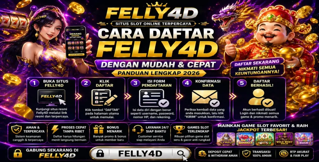 Poster cara daftar Felly4D 2026 dengan panduan lengkap, menampilkan langkah registrasi mudah dan cepat untuk bermain slot online.