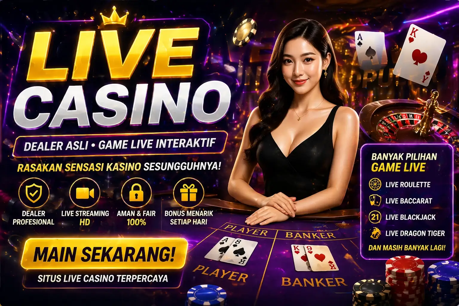 poster live casino terpercaya dengan dealer asli, game baccarat roulette blackjack dan streaming hd interaktif