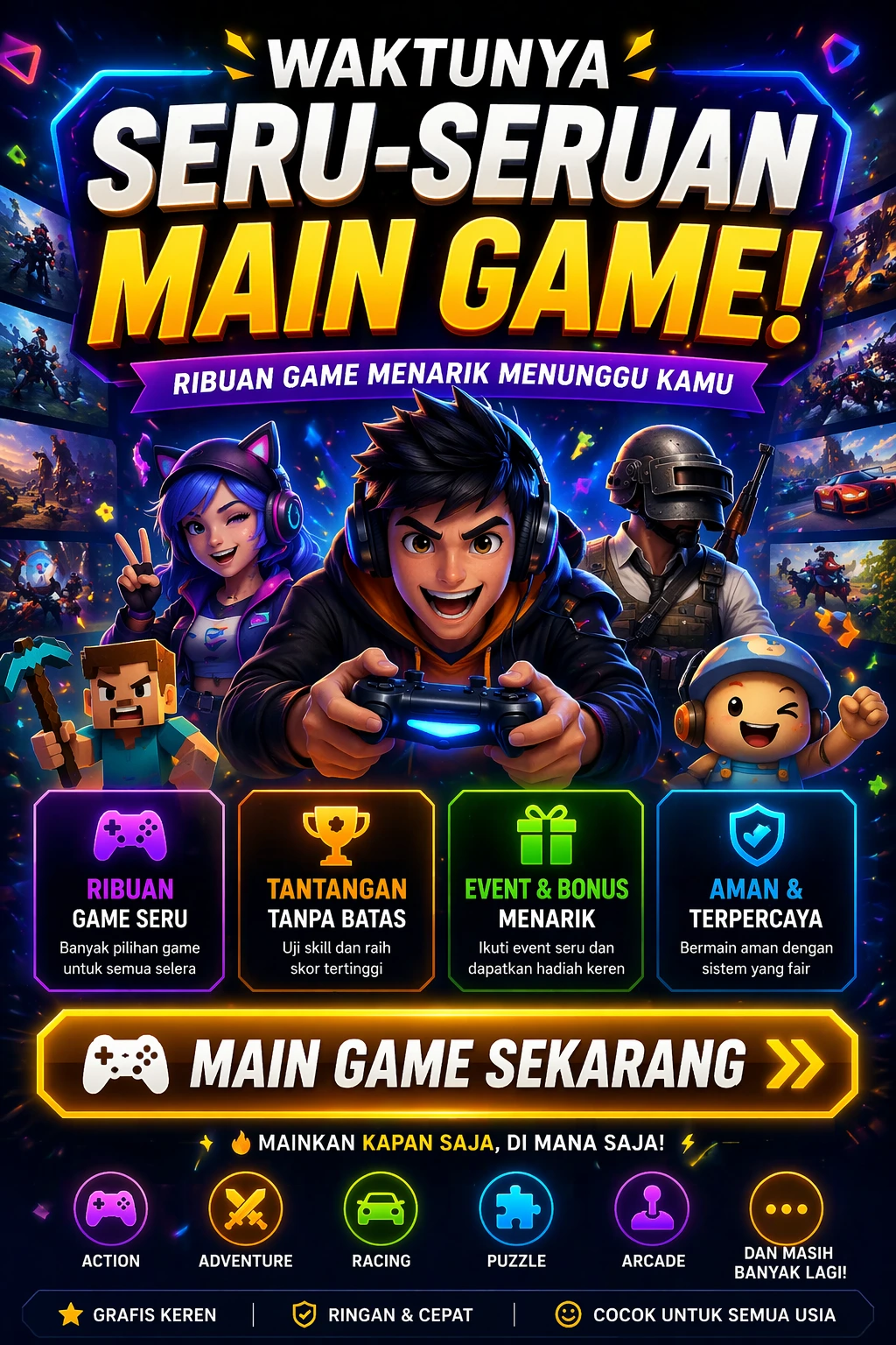poster ajakan main game online seru gratis dengan berbagai pilihan game menarik