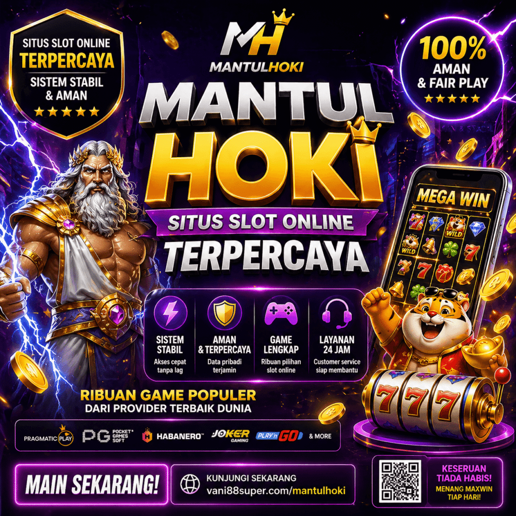 Poster Mantulhoki situs slot online terpercaya dengan sistem stabil, game lengkap, dan tampilan modern dengan efek neon