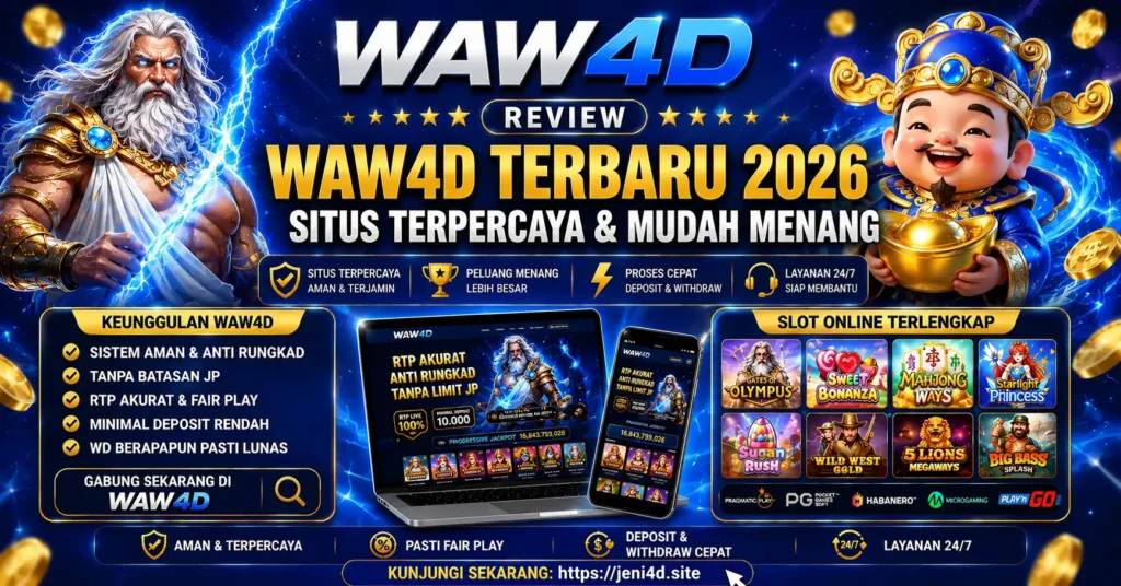 Banner review WAW4D terbaru 2026 dengan tema biru dan emas, menampilkan karakter mitologi, berbagai pilihan permainan online, serta informasi keunggulan platform dan layanan 24 jam.