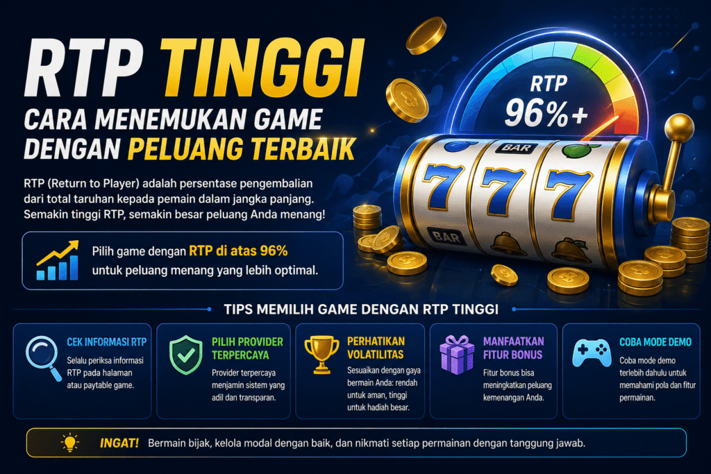 Ilustrasi RTP tinggi pada slot online dengan panduan cara menemukan game dengan peluang terbaik dan strategi memilih game yang tepat
