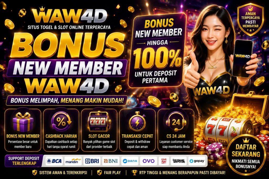 Banner WAW4D bonus new member slot online terpercaya dengan desain emas ungu, wanita memegang smartphone, jackpot slot 777, koin emas, bonus hingga 100 persen, cashback harian, dan layanan customer service 24 jam.