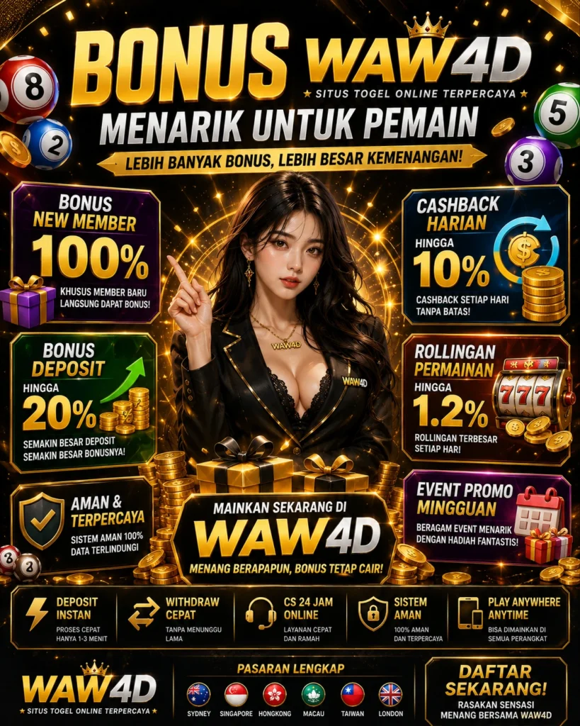 Poster bonus WAW4D menarik untuk pemain dengan bonus new member, cashback harian, bonus deposit, rollingan permainan, dan event promo mingguan