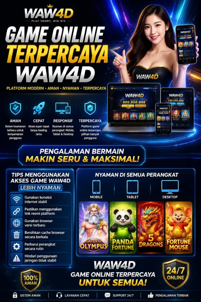 Poster game online terpercaya WAW4D 2026 dengan desain futuristik biru neon, platform modern responsif, akses cepat, sistem aman, dan tampilan nyaman di semua perangkat digital.