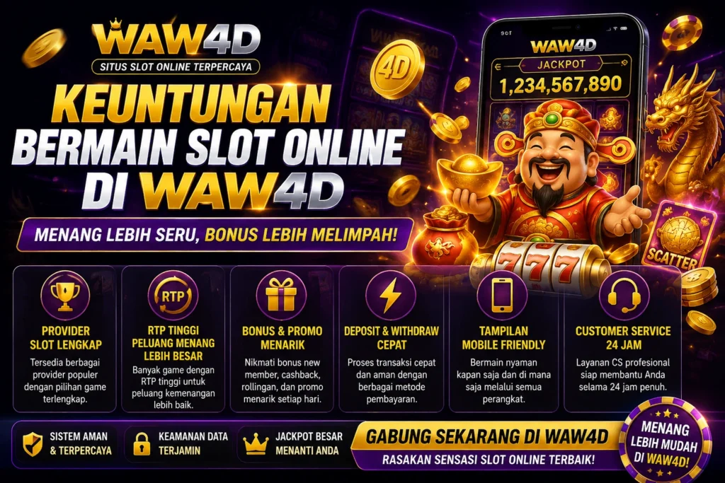 Banner mendatar WAW4D bertema slot online terpercaya dengan desain ungu emas, karakter dewa keberuntungan, jackpot slot 777, bonus melimpah, RTP tinggi, dan fitur layanan profesional untuk pemain slot online.