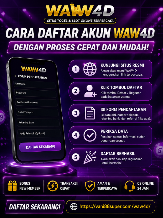 Poster panduan registrasi WAW4D dengan desain slot online premium, tampilan mobile friendly, bonus new member, dan fitur permainan online lengkap.