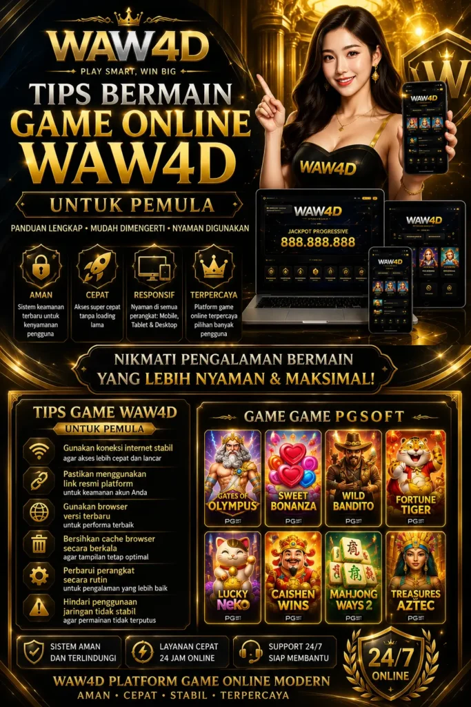 Poster tips game WAW4D 2026 dengan konsep mewah hitam emas, menampilkan game PG Soft populer seperti Gates of Olympus, Sweet Bonanza, Mahjong Ways, dan Lucky Neko di platform game online modern.