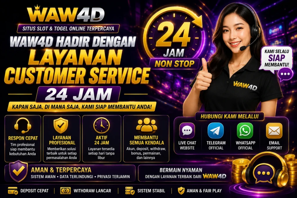 Banner WAW4D customer service 24 jam dengan desain ungu emas, wanita memakai headset, layanan live chat online, telegram, WhatsApp, respon cepat, dan sistem aman terpercaya untuk pemain slot online.