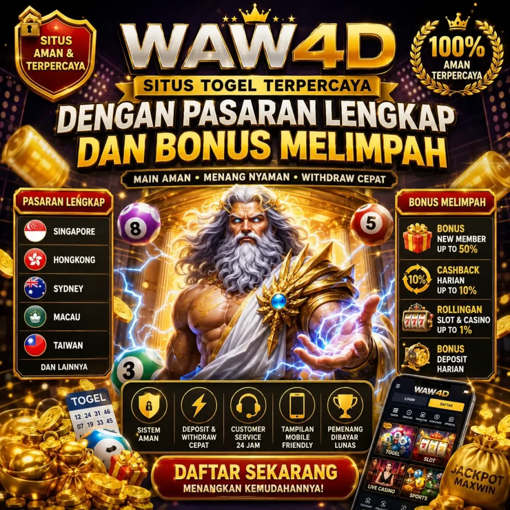 Poster WAW4D situs togel terpercaya dengan bonus melimpah, pasaran togel lengkap, cashback harian, dan layanan deposit withdraw cepat.