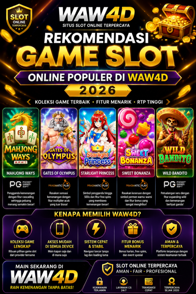 Game slot WAW4D populer tahun 2026 dengan rekomendasi Mahjong Ways, Gates of Olympus, Starlight Princess, Sweet Bonanza, dan Wild Bandito di platform slot online terpercaya
