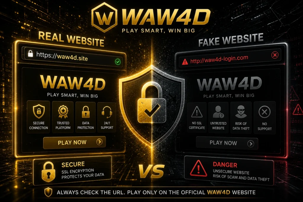 Perbandingan website resmi WAW4D dan website palsu dengan ilustrasi keamanan SSL, ikon gembok, serta panduan mengenali situs resmi agar terhindar dari phishing.