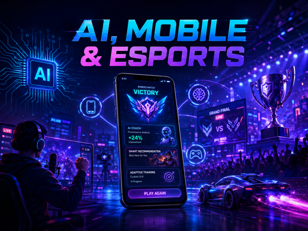 Ilustrasi AI gaming, mobile esports, livestreaming, dan komunitas gamer pada 2026