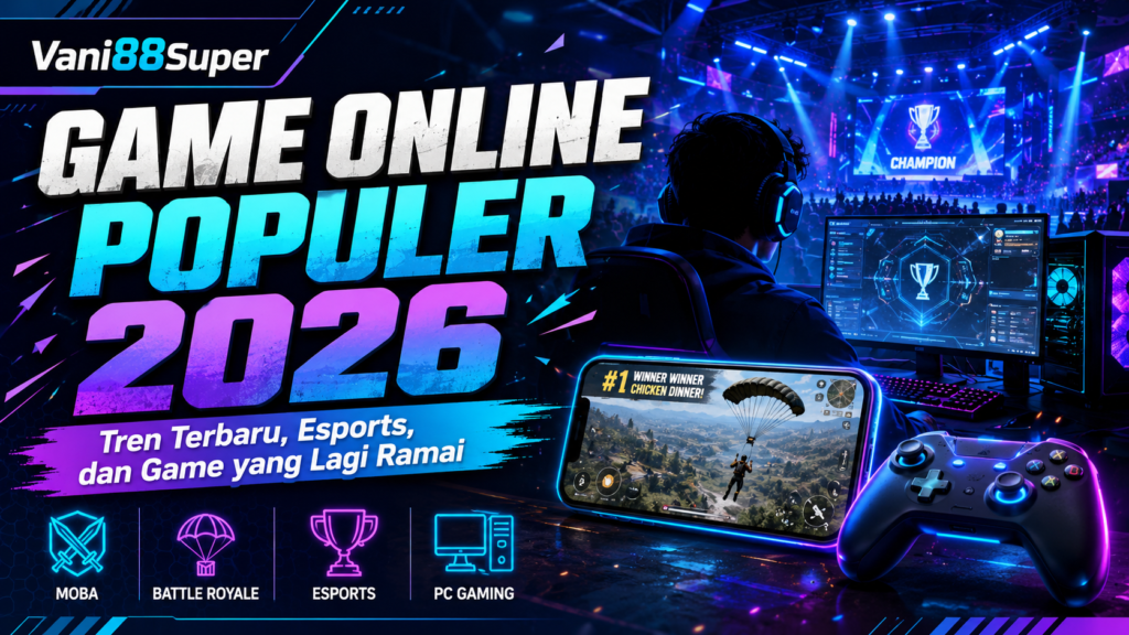Ilustrasi game online populer 2026 dengan tema esports mobile, battle royale, MOBA dan game PC yang sedang trending