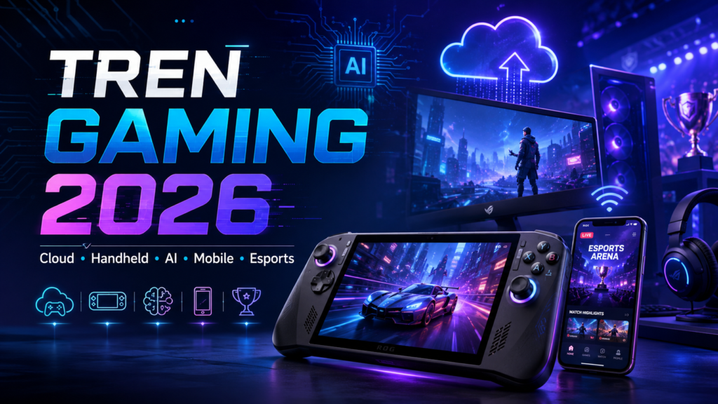 Ilustrasi tren gaming 2026 dengan handheld gaming, cloud gaming, PC, smartphone, dan teknologi AI