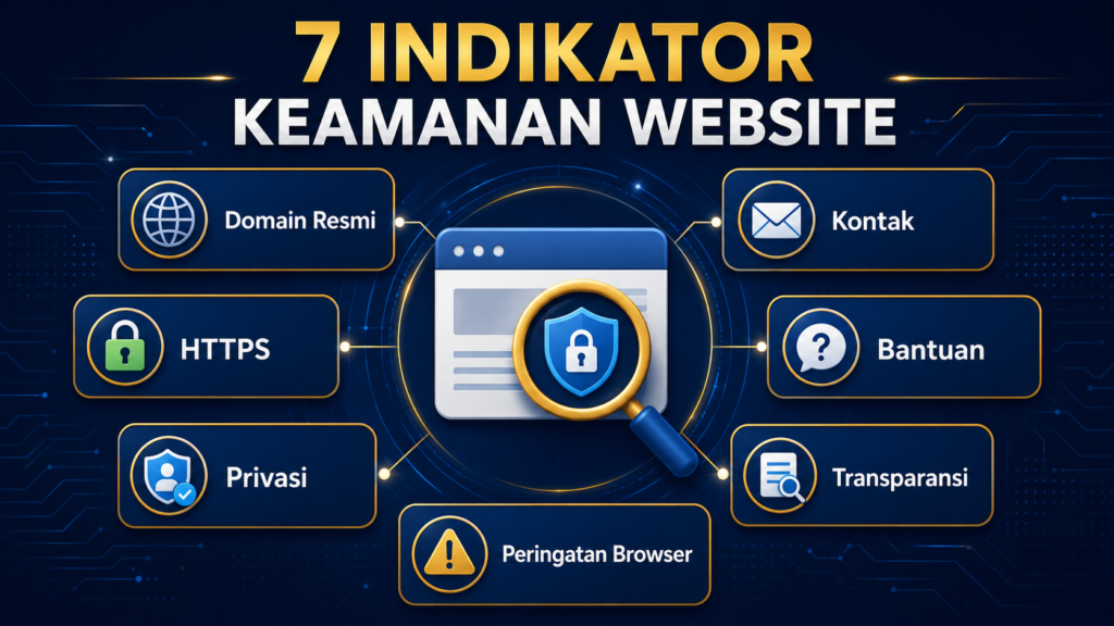 Tujuh indikator keamanan website meliputi domain HTTPS privasi kontak bantuan transparansi dan peringatan browser