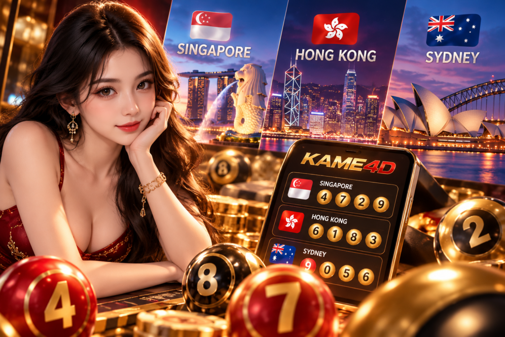 Ilustrasi pasaran togel online Singapore, Hong Kong, dan Sydney dengan panel kota serta tampilan informasi hasil KAME4D.